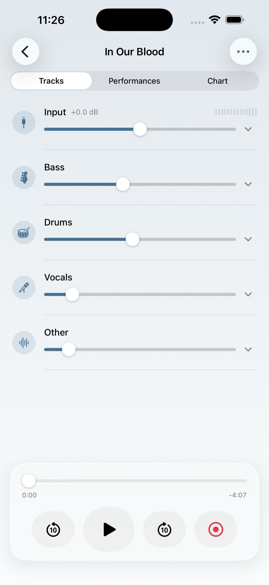 A song open on its Tracks tab: a fader for Input, Bass, Drums, Vocals and Other,
                   above a transport with skip, play and record.