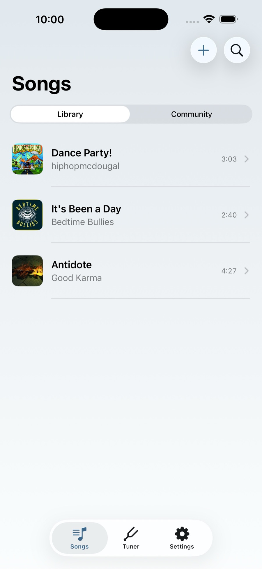 The Songs screen: a library list, each row showing cover art, title, artist and
                   running time, with a Library and Community switch above it.